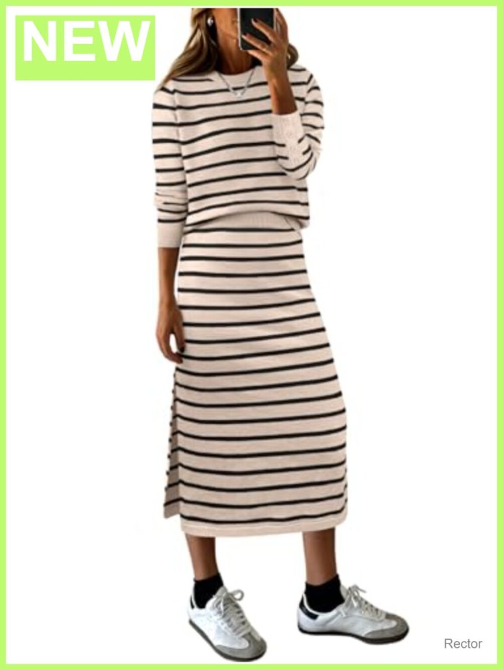 2 Piece Striped Knit Sweater Top & Midi Skirt Set Long Sleeve Crew Neck Split